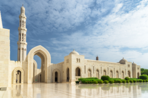 Exterior architecture of Sultan Qaboos Grand Mosque in Muscat Oman