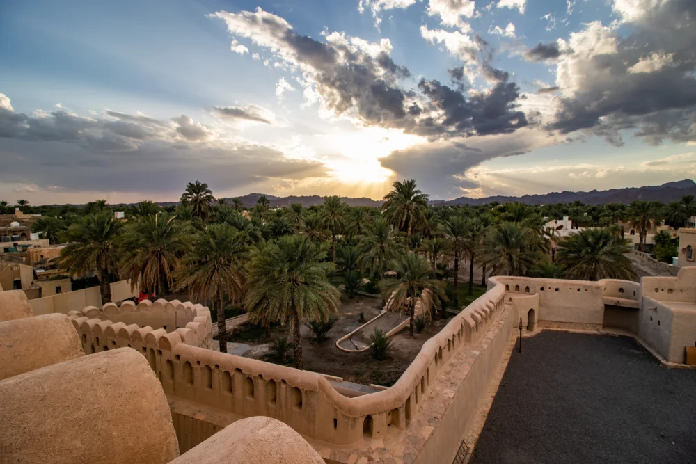 Nizwa palm oasis and traditional Omani buildings with mountains in the background