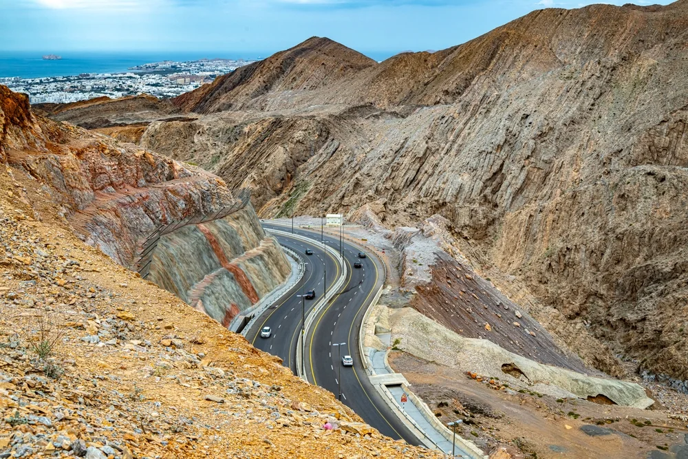 Scenic highway from Muscat to Al Amarat surrounded by Oman mountains